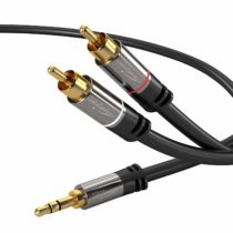 KabelDirekt – 5m – Aux/3.5mm to RCA/phono male adapter cable, 2x RCA/phono plugs (Y splitter audio cable, for connecting smartphones/notebooks and other equipment to Hi-Fi systems/speakers, black)