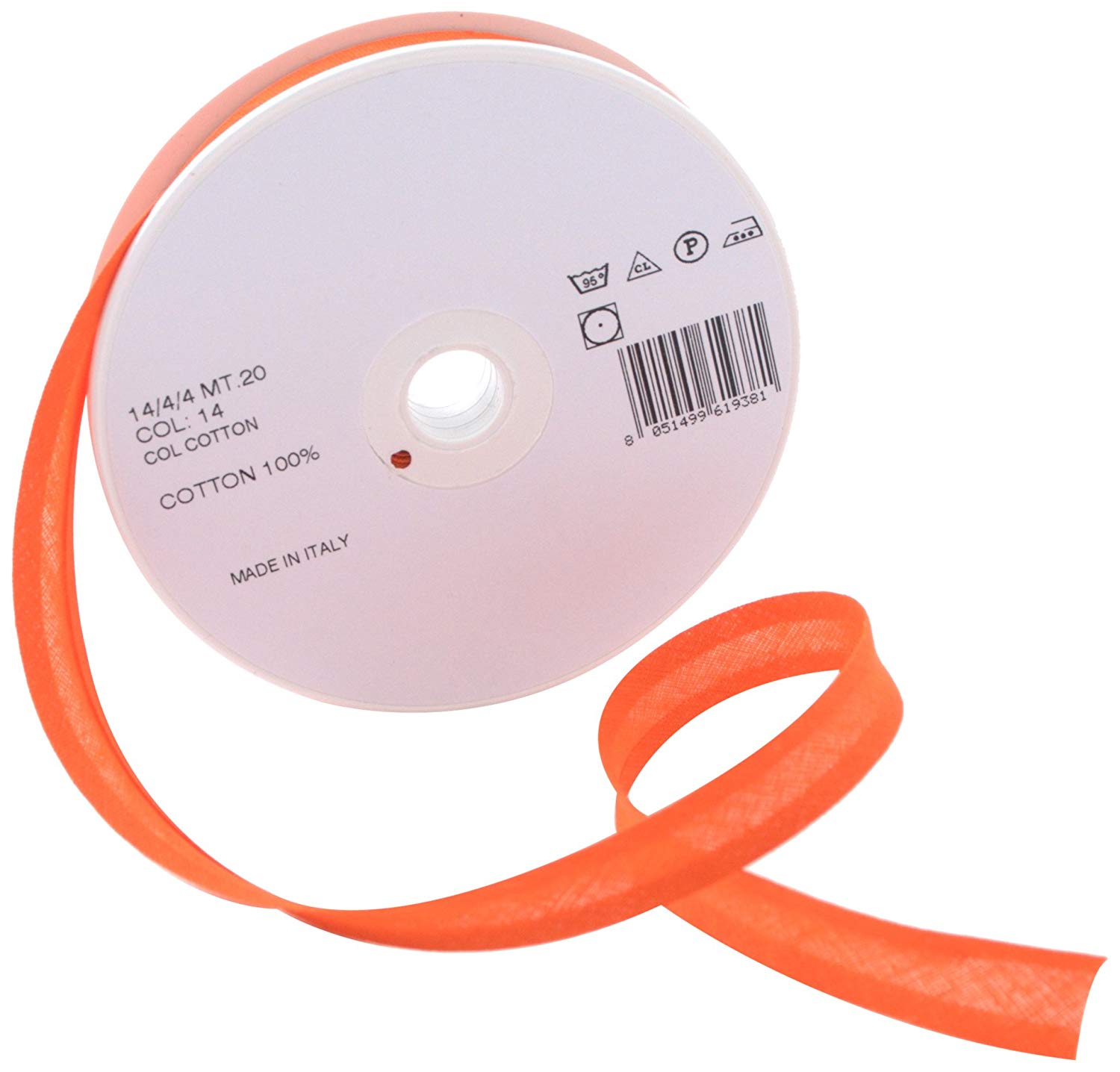 Inastri 14/ 4/ 4 mm Cotton Bias Binding, Orange (Orange) 14, 14mm x 20m