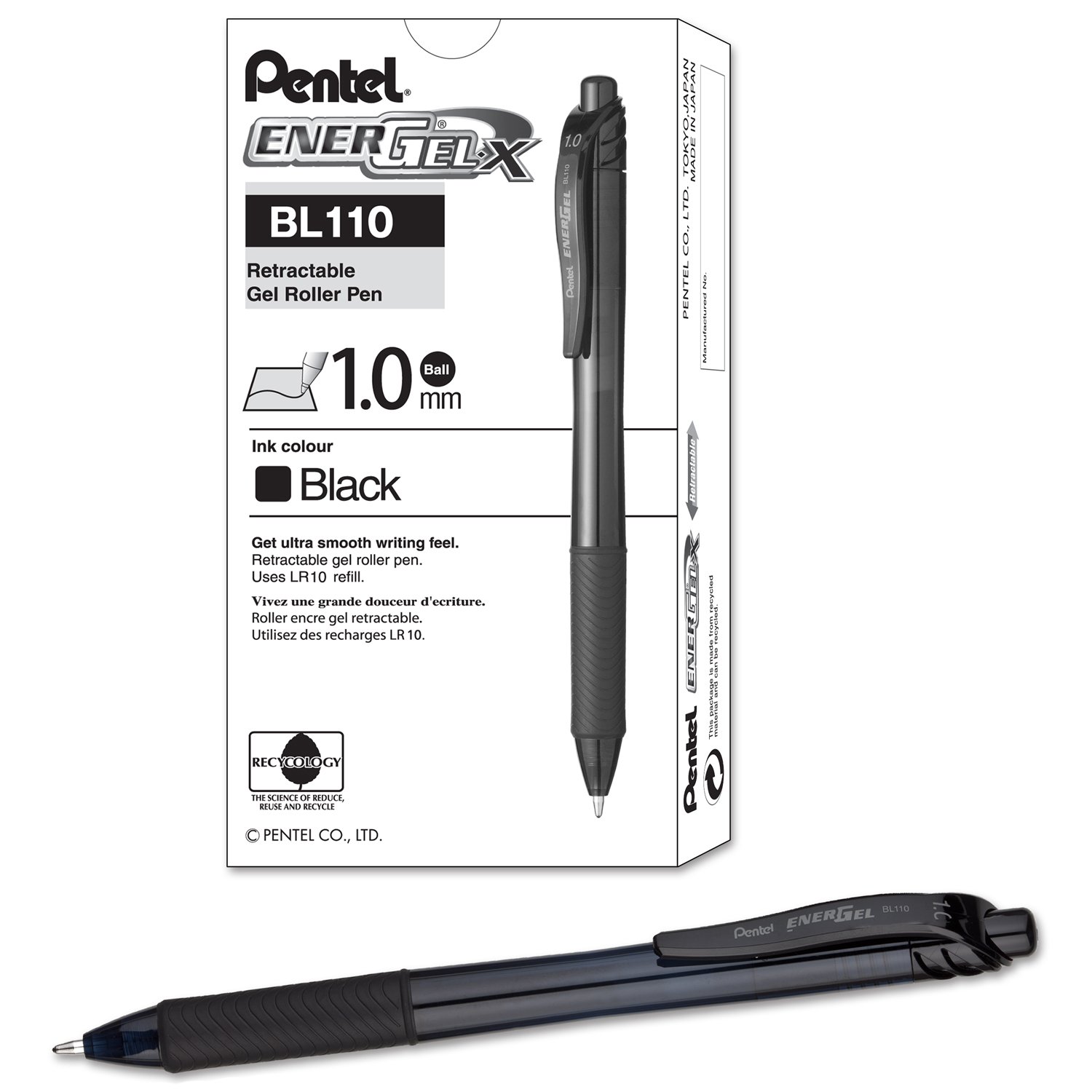 Pentel 1.0mm Energel Retractable Gel Rollerball Pen - Black, 12 pack, 1 count (Pack of 12)
