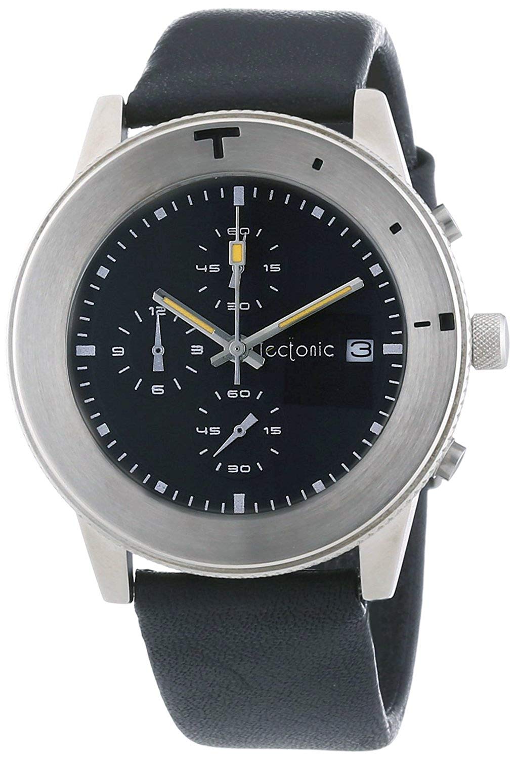 Tectonic Men's Quartz Watch with Black Dial Chronograph Display and Black Leather Strap 41-6900-44, Black/Black