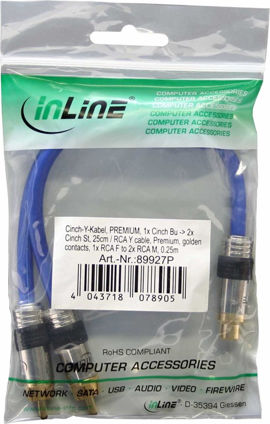 InLine® RCA Y cable, InLine® Premium, golden contacts, 1x RCA F to 2x RCA M, 0.25m - Image 2
