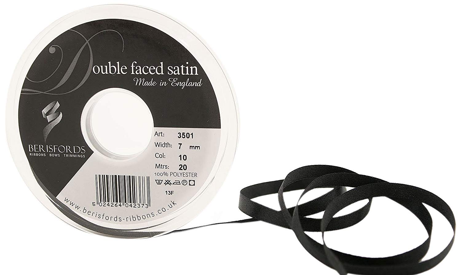 Berisfords Ribbon, 10 Black, 20 m, 3501-BLK-7, 7 mm