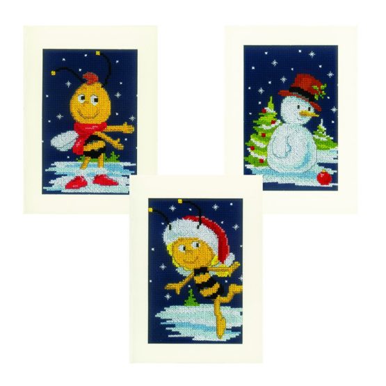 Vervaco Greeting Cards Snow with Maya&Willy AIDA Set 3