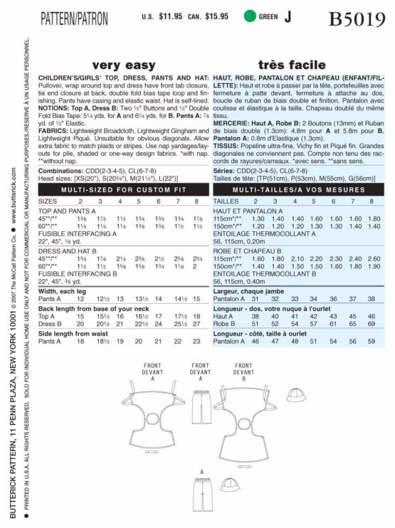Butterick Patterns B5019 Size CDD 2-3-4-5 Childrens and Girls Top/Dress/Pants/Hat, Pack of 1, White - Image 2