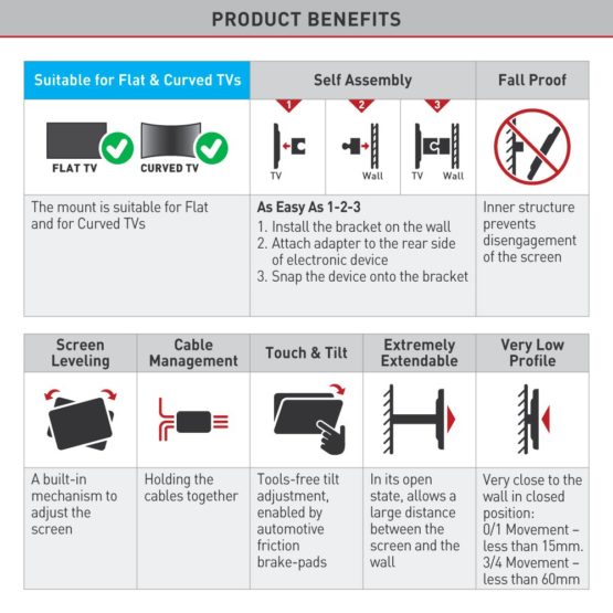 Barkan Long TV Wall Mount, 13 - 80 inch Full Motion Articulating - 4 Movement Flat / Curved Screen Bracket, Holds up to 50kg, Extremely Extendable, Fits LED OLED LCD - Image 4