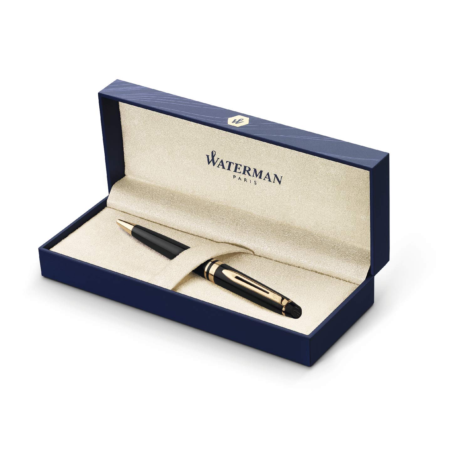 Waterman Expert Ballpoint Pen Gloss Black with 23k Gold Trim Medium Tip Blue Ink Gift Box