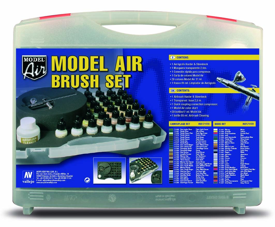 Vallejo Model Air Airbrush Set including Basic Colours, 71.001, 71.002, 71.003, 71.004, 71.007, 71.057, 71.063, 71.066, 17 milliliters
