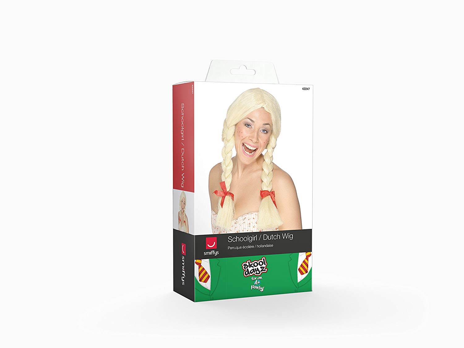 Smiffys Schoolgirl / Dutch Wig, Blonde Blonde, Plaits with Ribbons, School Days Fancy Dress, Adult Dress Up Wigs - Image 2