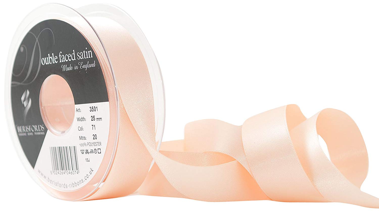 Berisfords Double Satin Ribbon, Peach, 20 m, 3501-PE-25, 25 mm