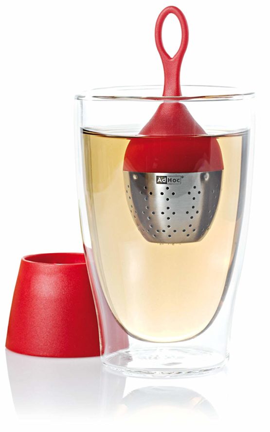 AdHoc TE09 FLOATEA Floating Tea Infuser | Stainless Steel/Plastic | Loose Leaf Tea Filter, With Drip-Collector Stand, Easy Refill | (H) 130mm x (D) 40mm | Red