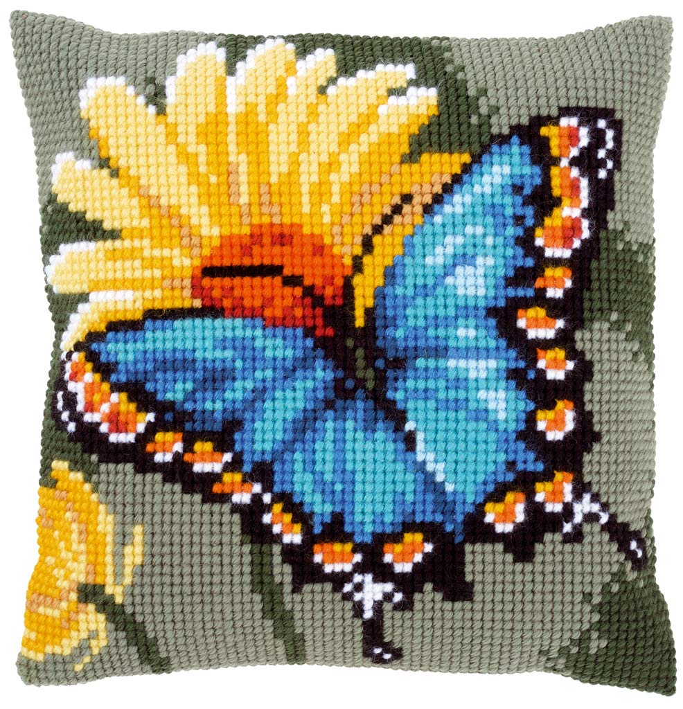 Vervaco Cross Stitch Kit: Cushion: Butterfly & Yellow Flower, COTTON, NA, 40 x 40cm, N\a