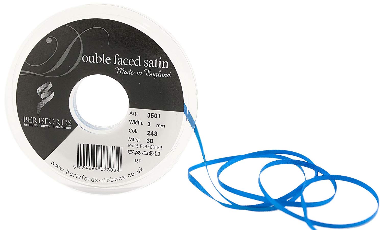 Berisfords 3 mm Dark Royal Double-Faced Satin Ribbon