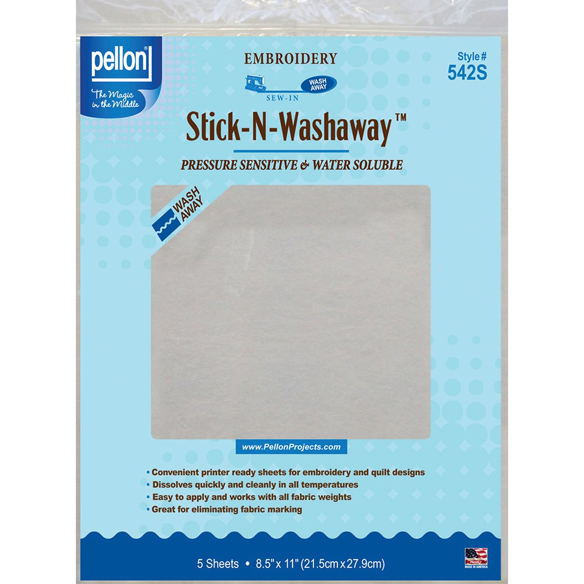 Pellon Stick-N-Washaway Embroidery Stabilizer, White, 5 Sheets
