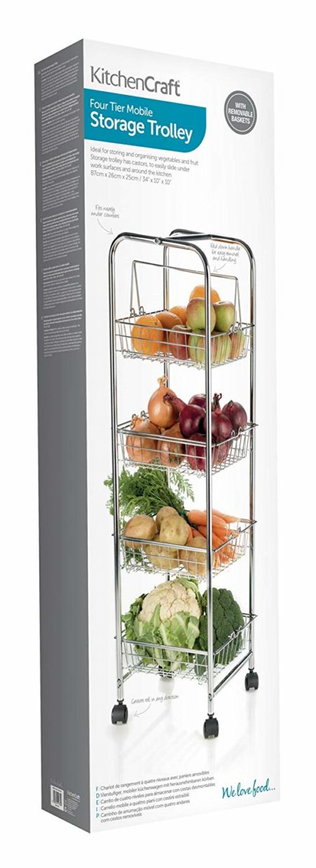KitchenCraft Kitchen Trolley on Wheels with 4 Removable Vegetable Storage Baskets, Chrome Plated Metal - Image 3