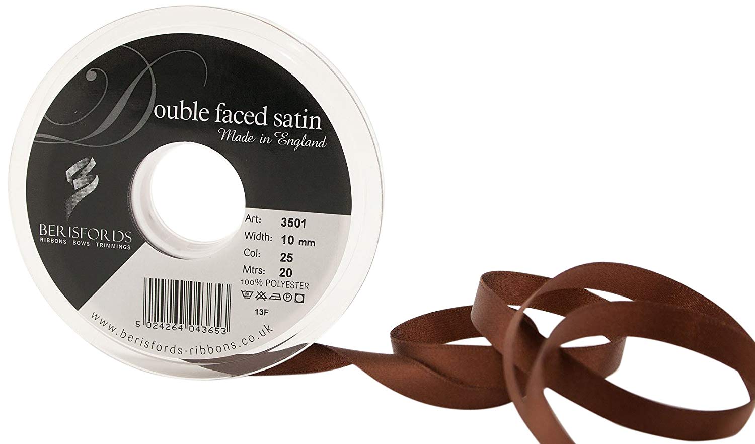 Berisfords Ribbon, Dark Brown, 10 mm, 3501-DB-10
