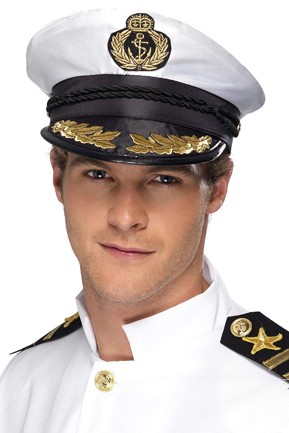 Smiffys Captain Cap, White with Golden Detail, Land, Sea and Air Forces Fancy Dress, One Size