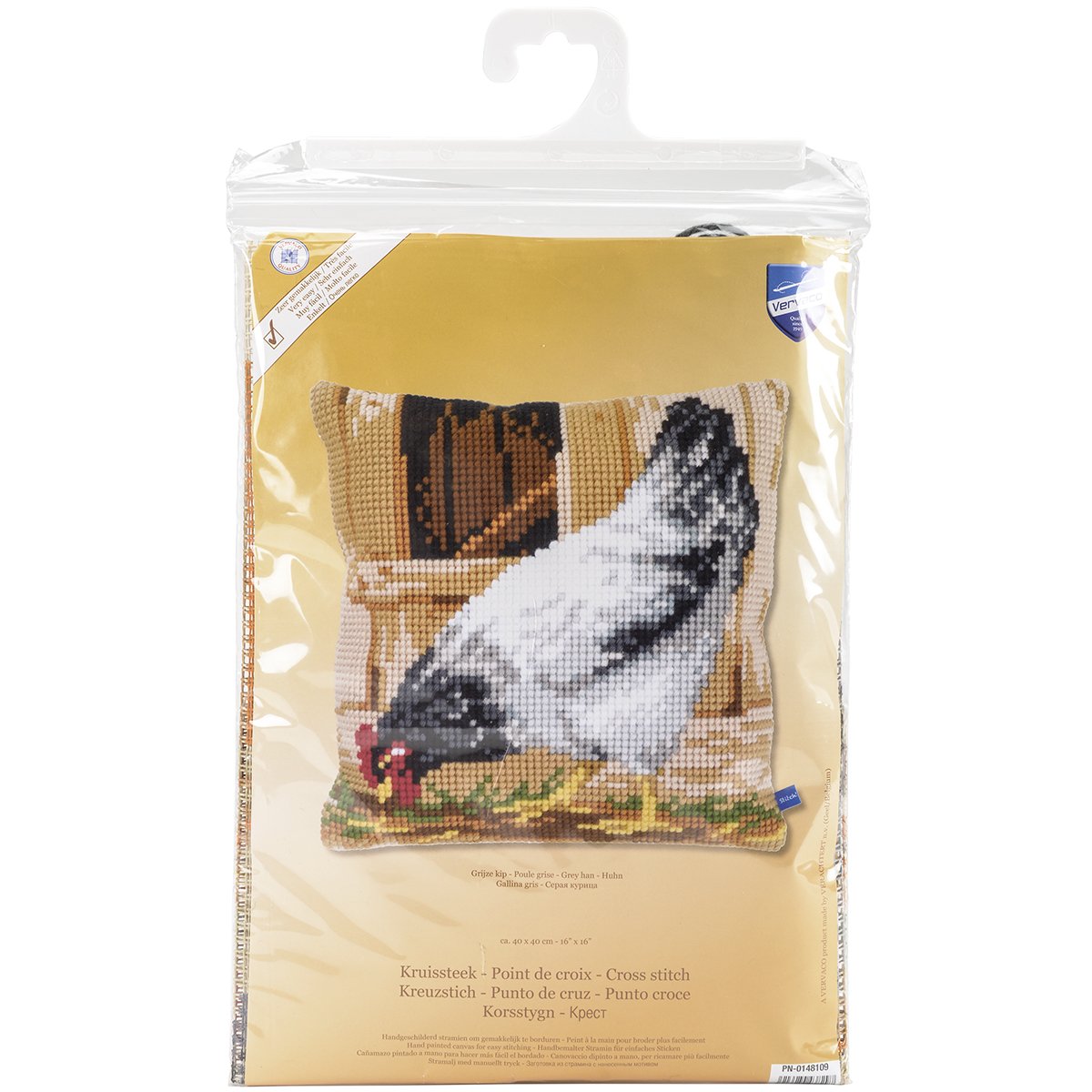 Vervaco Grey Hen Cross Stitch Cushion, Multi-Colour, 40.0 x 40.0 x 0.3 cm