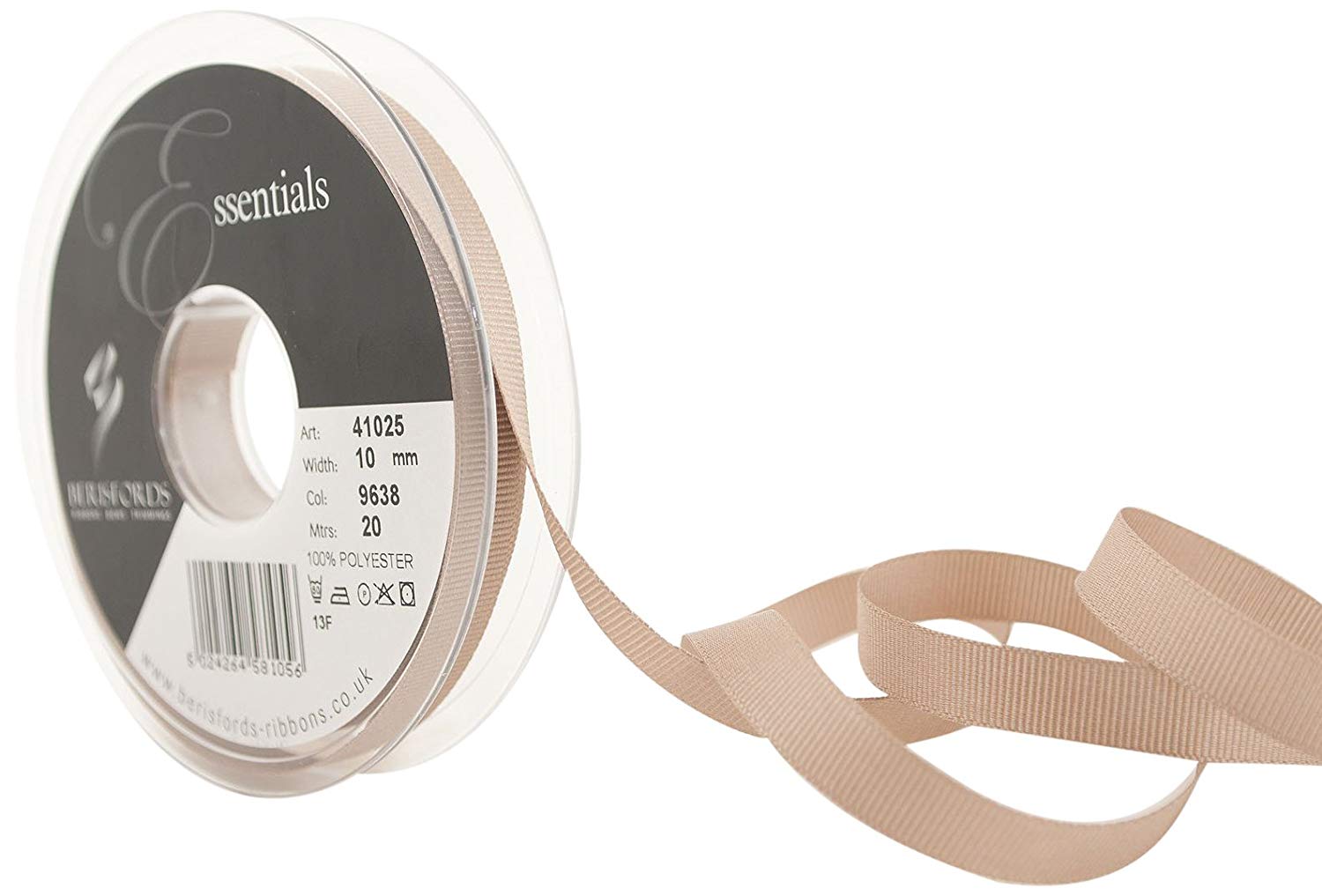 Berisfords 41025 20 m x 10 mm Polyester Grosgrain Ribbon, Bone, 10mm