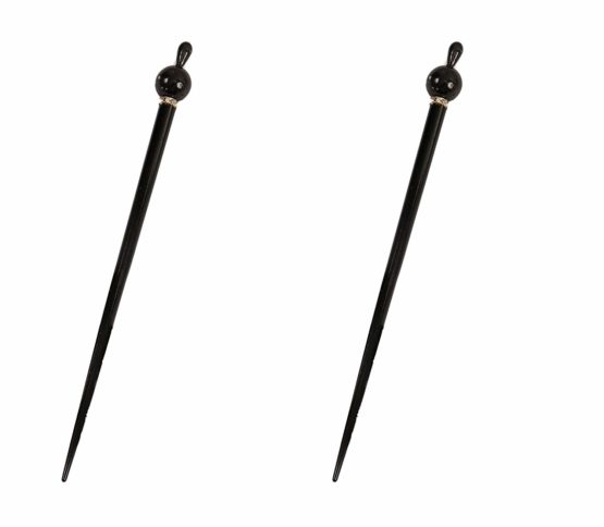 CARAVAN Decorated Wooden Chop Stick with Black Bead Topped and Stone Roundel of Swarovski in Pair