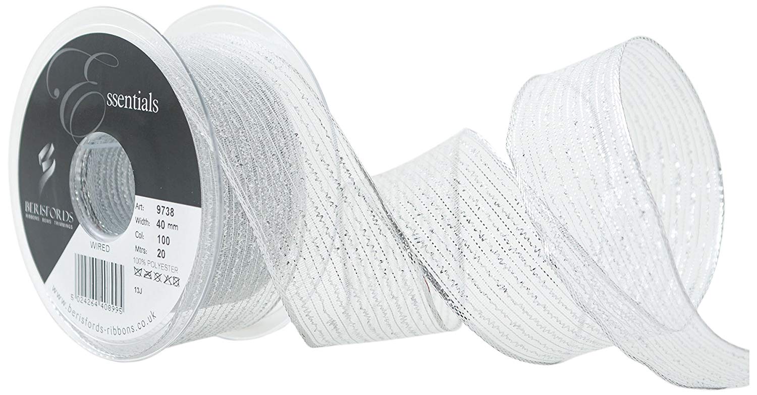 Berisfords 40 mm Wired Tinsel Mesh Ribbon, Silver, 9738-SL-40