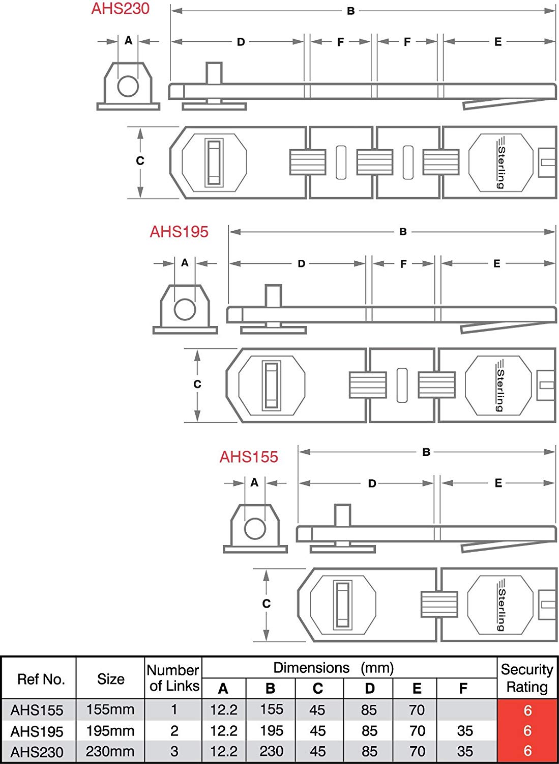 Sterling AHS155 Heavy Security Hasp and Staple 155mm with 1 Link, Chrome - Image 3