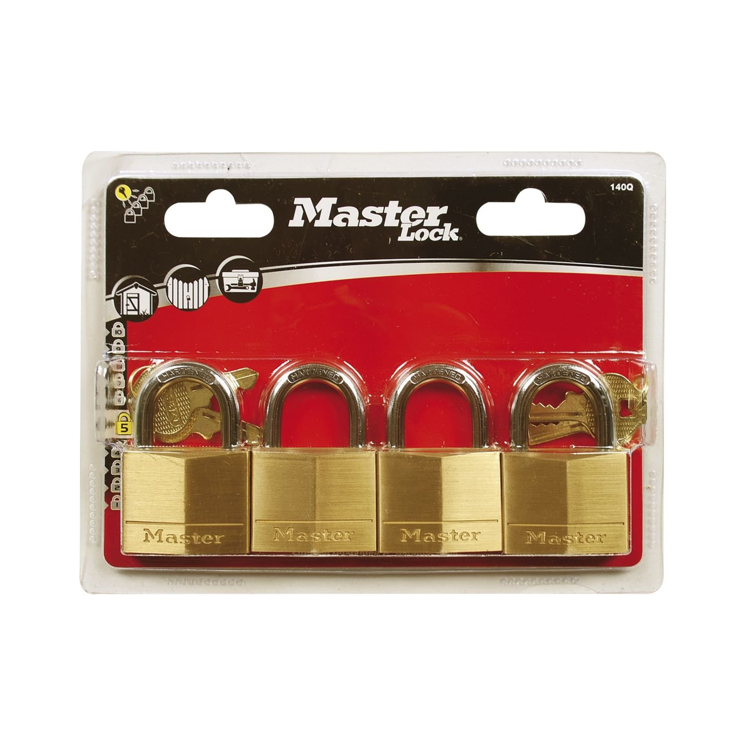 Master Lock 140EURQNOP Pack of 4 Key Padlocks with Brass Body, Gold, 6 x 4 x 1,3 cm, Multi, 4 cm
