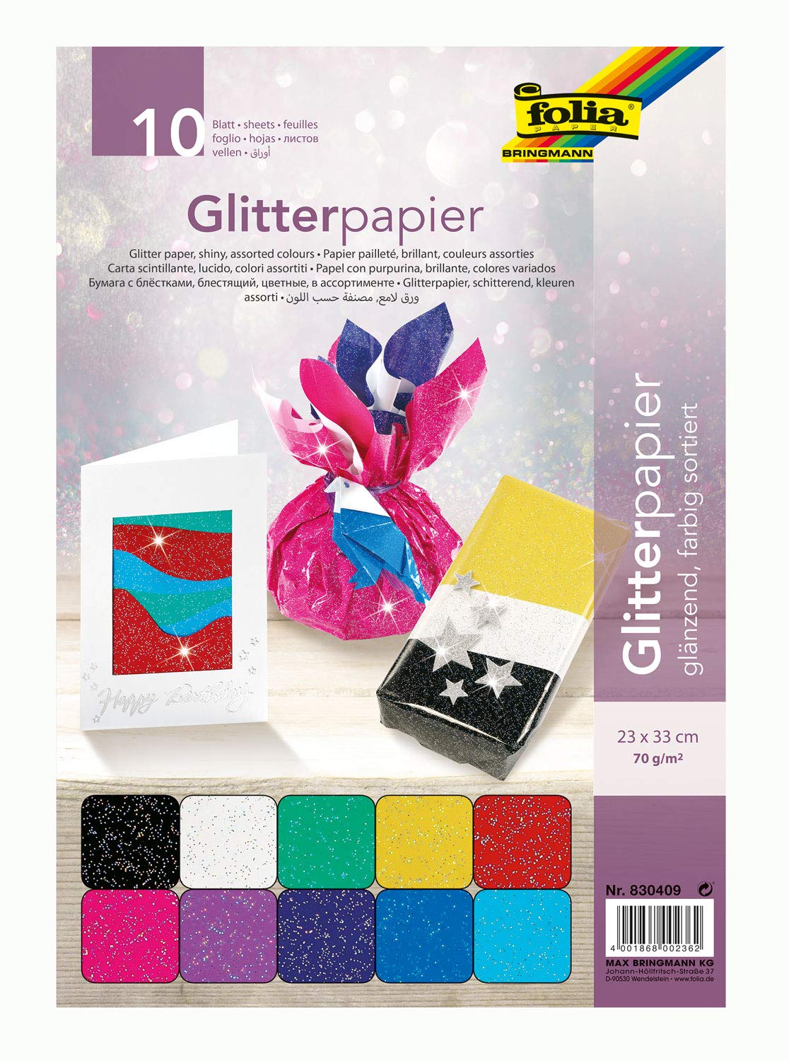 Folia 830409 - Glitter Paper 70g/m², 23 x 33 cm, 10 Sheets, Assorted Colours, multicolour