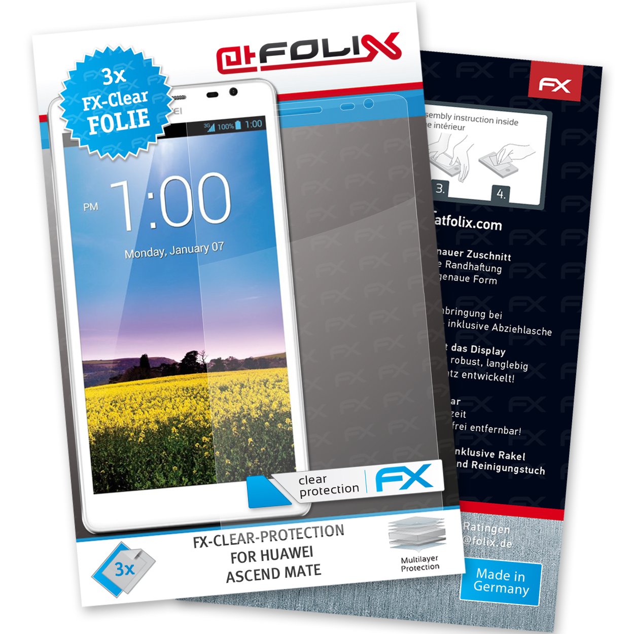 Displayschutz@FoliX atFoliX FX-Clear Premium Crystal-Clear Screen Protectors for Huawei Ascend Mate (Pack of 3)