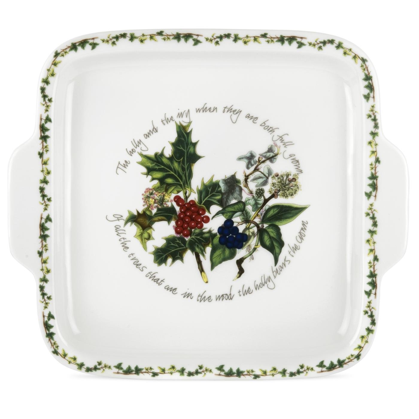 Portmeirion x The Holly & Ivy Cake Plate, Ceramic Square Plate with Handle, Stylish and Durable