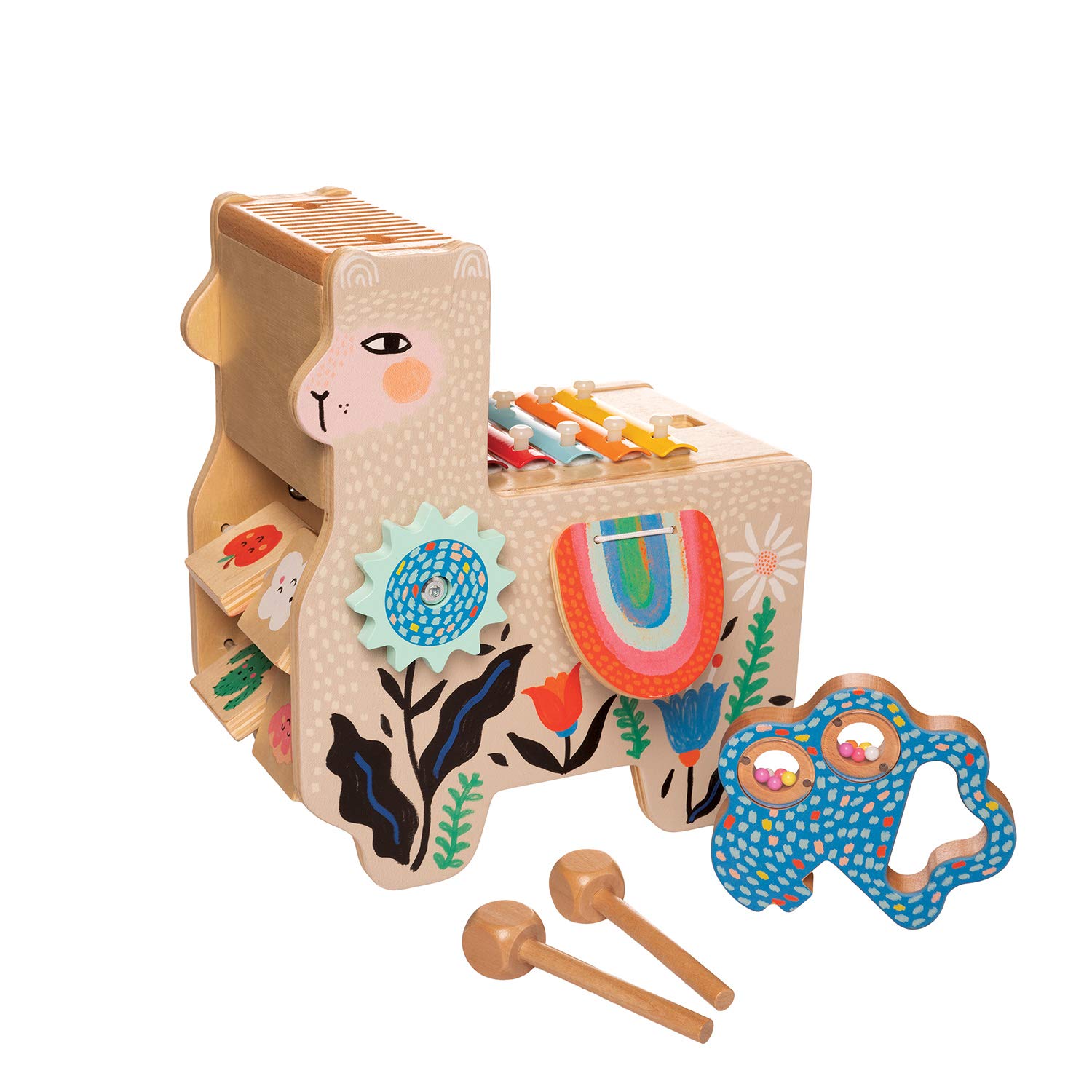 Manhattan Toy Musical Llama Wooden Instrument for Toddlers with Maraca Clacking Saddlebags, Drumsticks, Washboard and Xylophone - Image 3