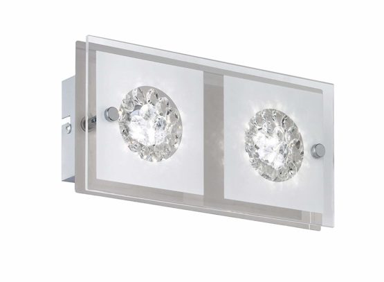 WOFI Reims 4272.02.01.0000 Wall Light 2-Bulb 2x LED 4 W 12 x 7 x 24 cm 3000 K 320 lm Energy Efficiency Class A+ Glass White with Clear Edge with Glass Appliques Including Switch Chrome 4272.02.01.0000
