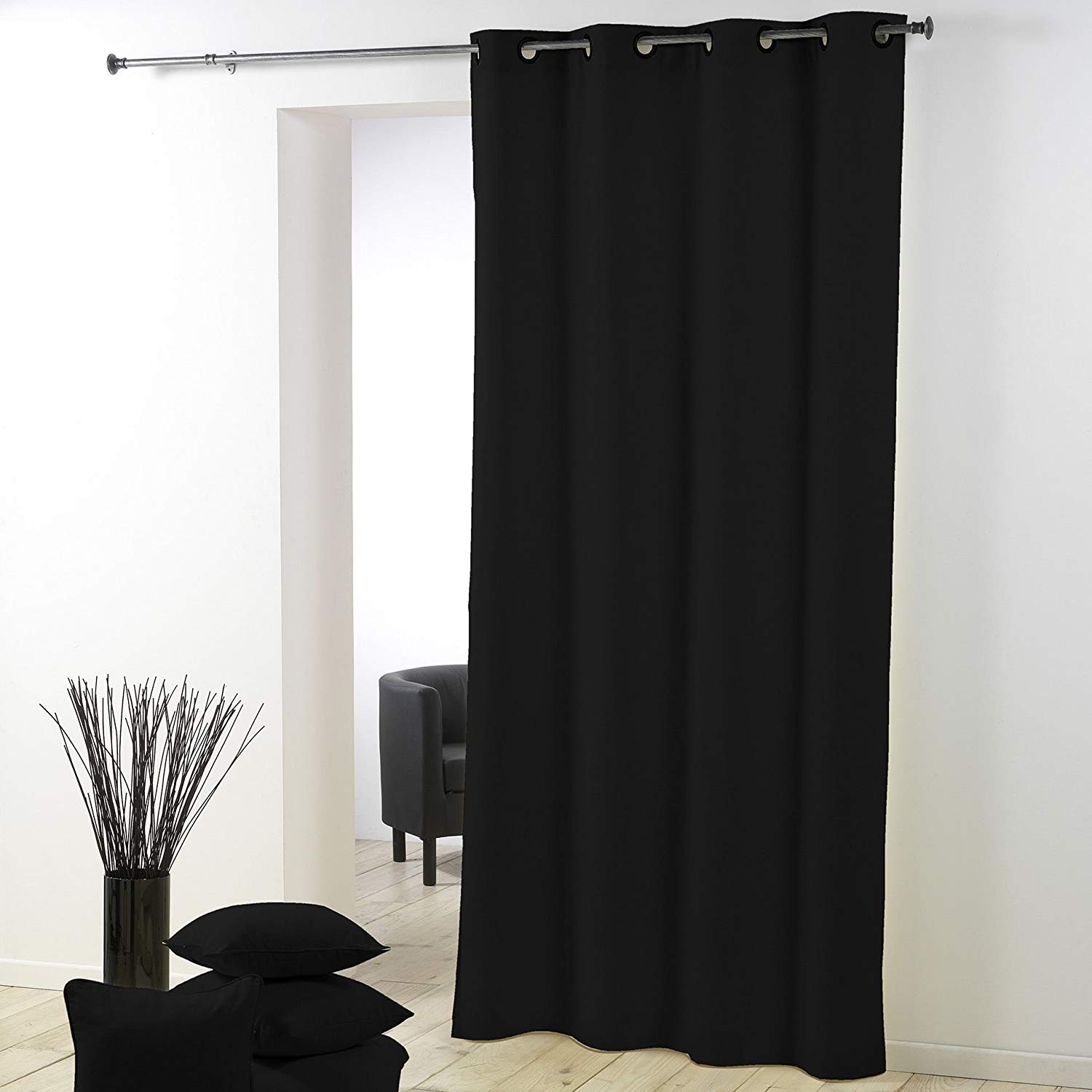 Douceur D'Interieur 140 x 280 cm Curtain Rings Metal Plain Polyester Essentiel Noir, Black, W 55.1" x L 110.2" (1 Panels)