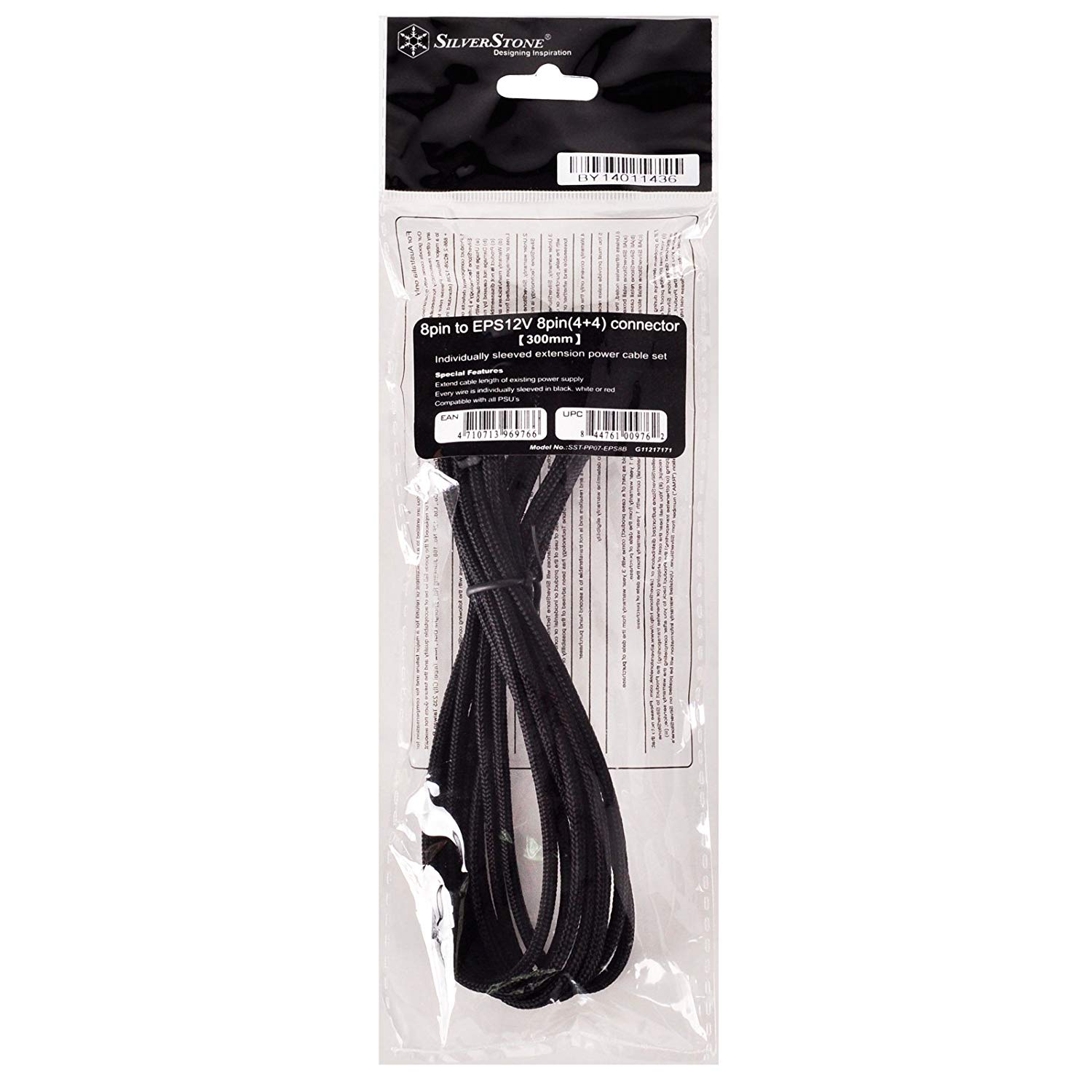 SilverStone SST-PP07-EPS8B - 30cm EPS 8pin to EPS/ATX 4+4pin Sleeved Extention Cable, black, 195mm x 23mm - Image 3