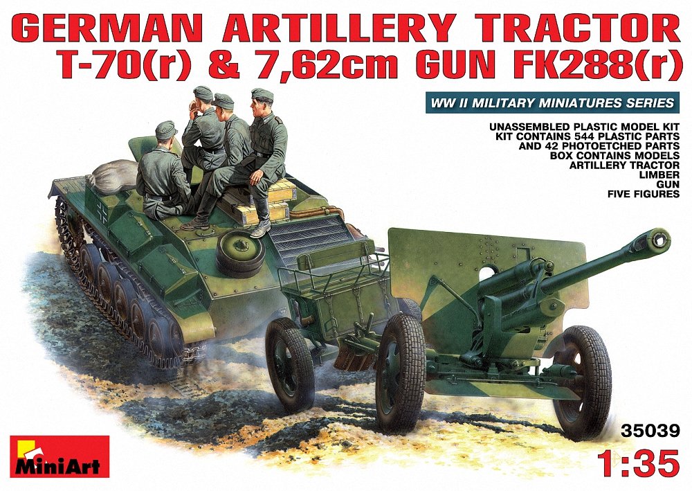 Miniart 1:35 Scale German artillery tractor T-70 & 7.62cm gun FK288 w/Crew Plastic Model Kit, Unpainted, Medium