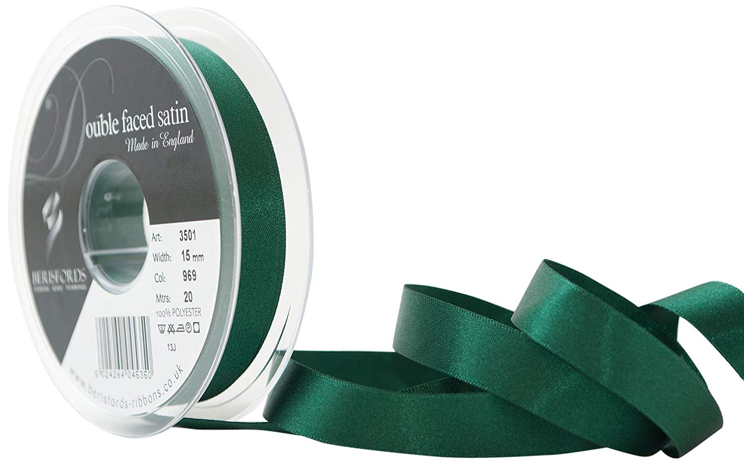 Berisfords Double Satin Ribbon, Forest, 20 m, 3501-FR-15, 15 mm