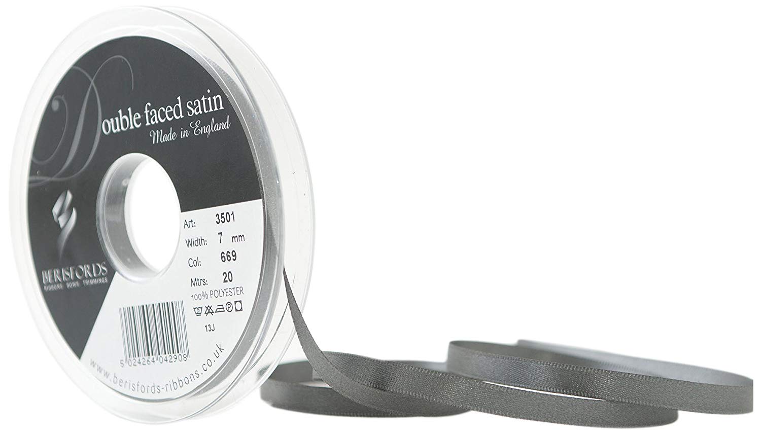 Berisfords Ribbon, Smoked Grey, 7 mm x 20 m, 3501-SGY-7