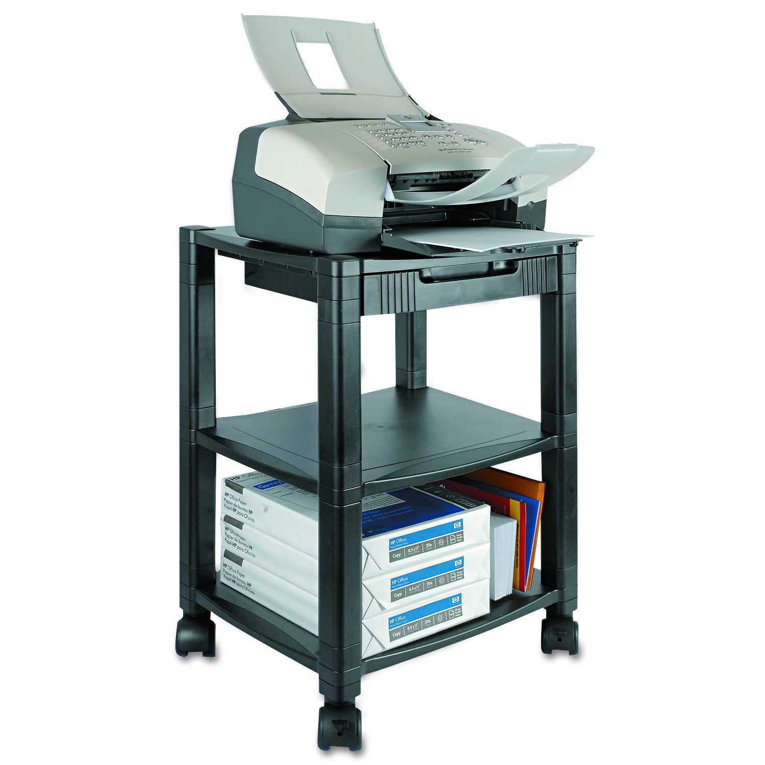 Kantek Height-Adjustable Deskside Printer Cart, Plastic, 3 Shelves, 1 Drawer, 75 lb Capacity, 17" x 13.25" x 24.5", Black