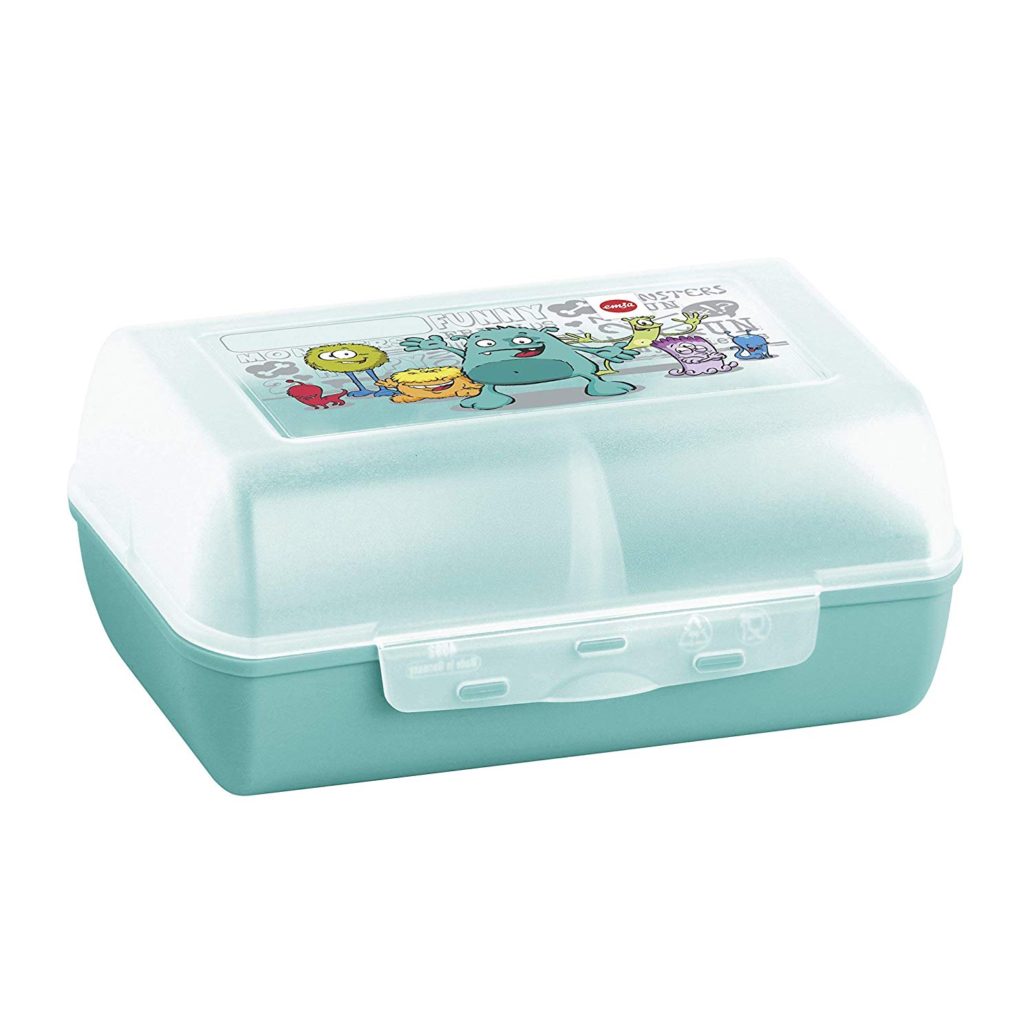 Emsa 514482 Variabolo Clipbox, BPA free, size 16 x 11 x 7 cm, mint/Monster, Transparent/Turquoise, 16 x 10.92 x 7.11 cm
