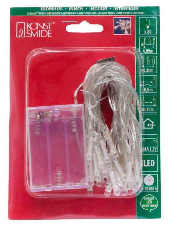 Konstsmide Christmas Lights/Indoor Use (IP20) Battery Fairy Lights/Battery Operated: 3xAA 1.5V (excl.)/6 Hour Optional Timer/30 Red Diodes/Transparent Cable Battery Lights