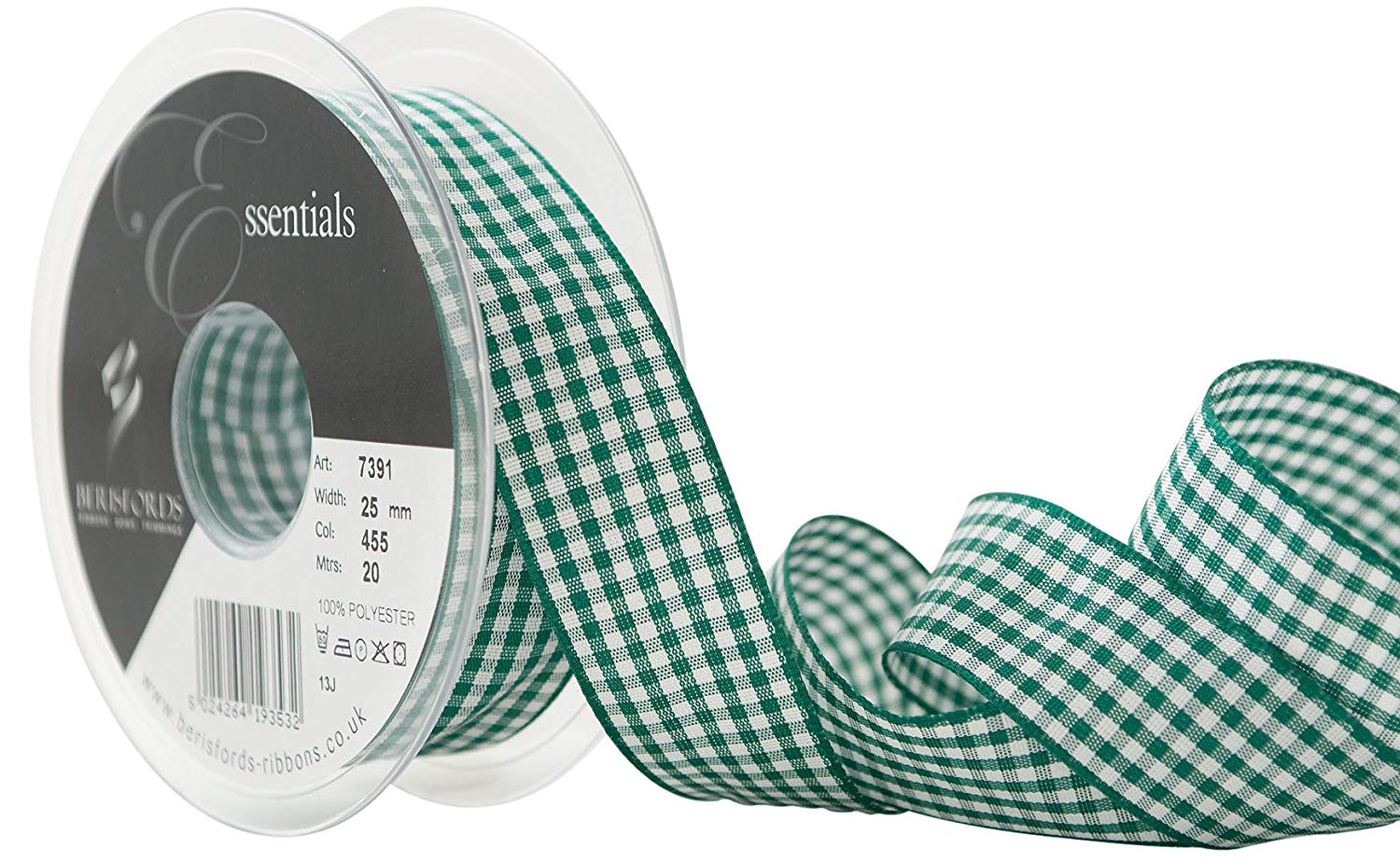 Berisfords 25 mm Gingham Ribbon, Hunter, 7391-HT-25