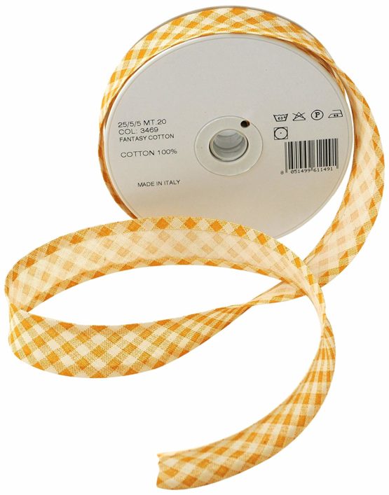 Inastri 25/5/ 5 mm Cotton Bias Binding in Mustard Yellow Rustic Gingham 3469, COL-3469