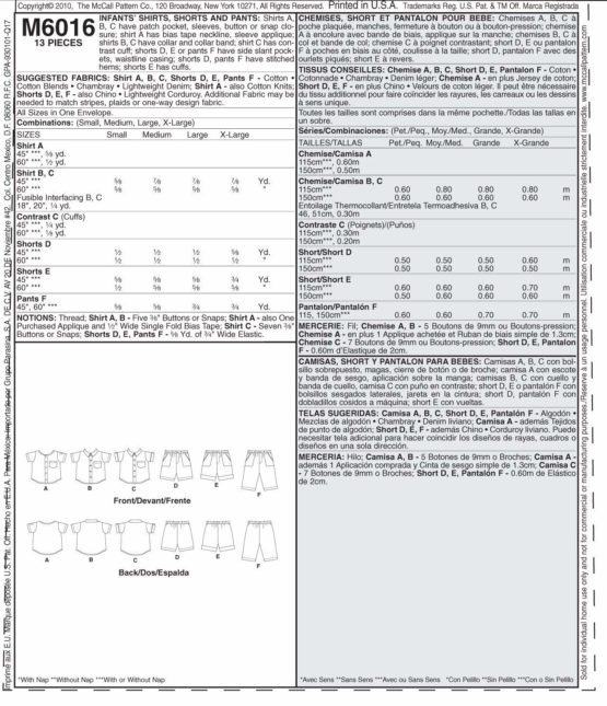 McCall's Patterns M6016 All Sizes Infants' Shirts, Shorts and Pants, Pack of 1, White - Image 2