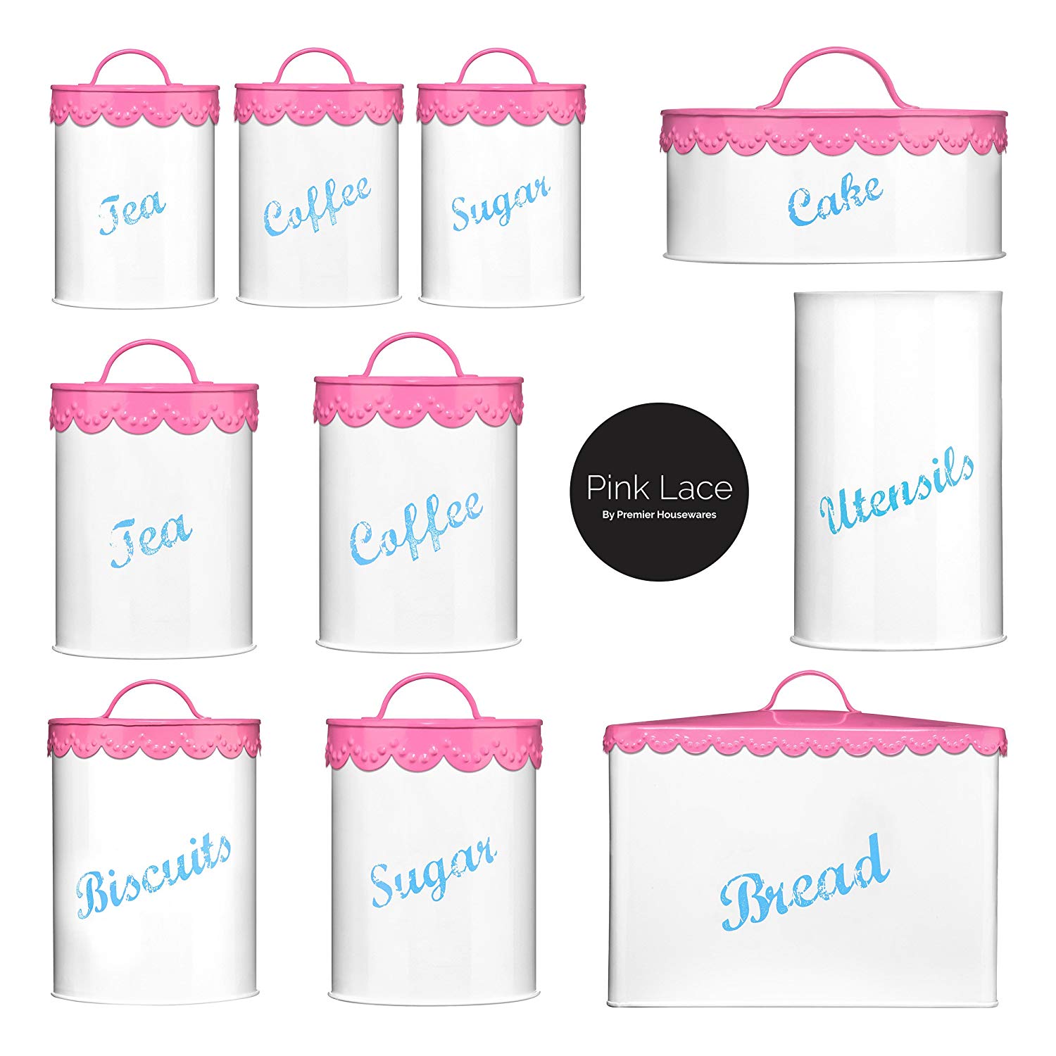 Premier Housewares Lace Tea, Coffee and Sugar Canisters - Set of 3, Pink, 11 x 11 x 13 cm - Image 2