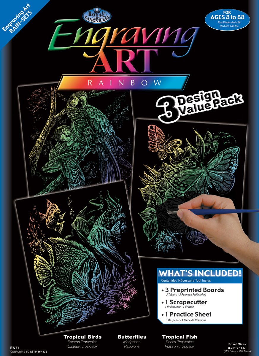 Royal & Langnickel Rainbow Engraving Art A4 Rainbow Animals Designed Painting Set (Pack of 3), multicolour