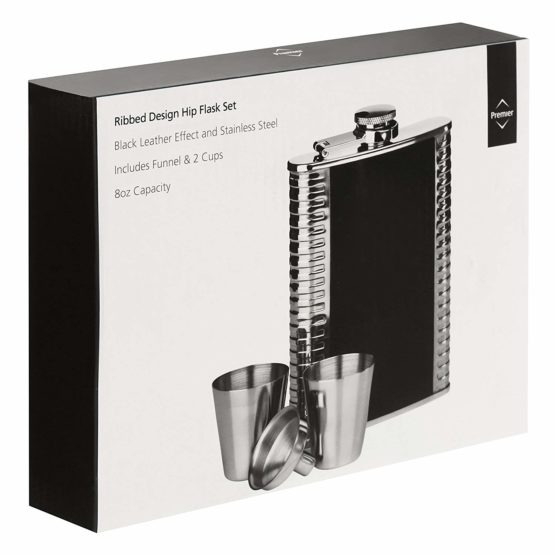 Premier Housewares 508081 Ribbed Stainless Steel Hip Flask Set, 8 oz - Black H14 x W10 x D3cm - Image 3