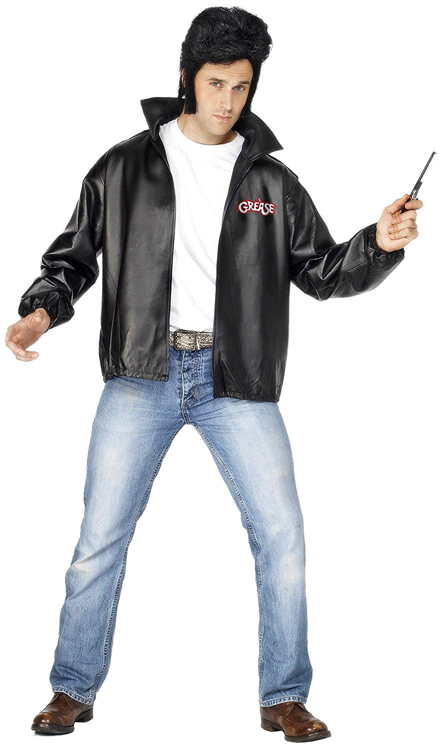 Smiffys Grease T-Birds Jacket for Adults in Black Embroidered Logo, Officially Licensed Grease Fancy Dress