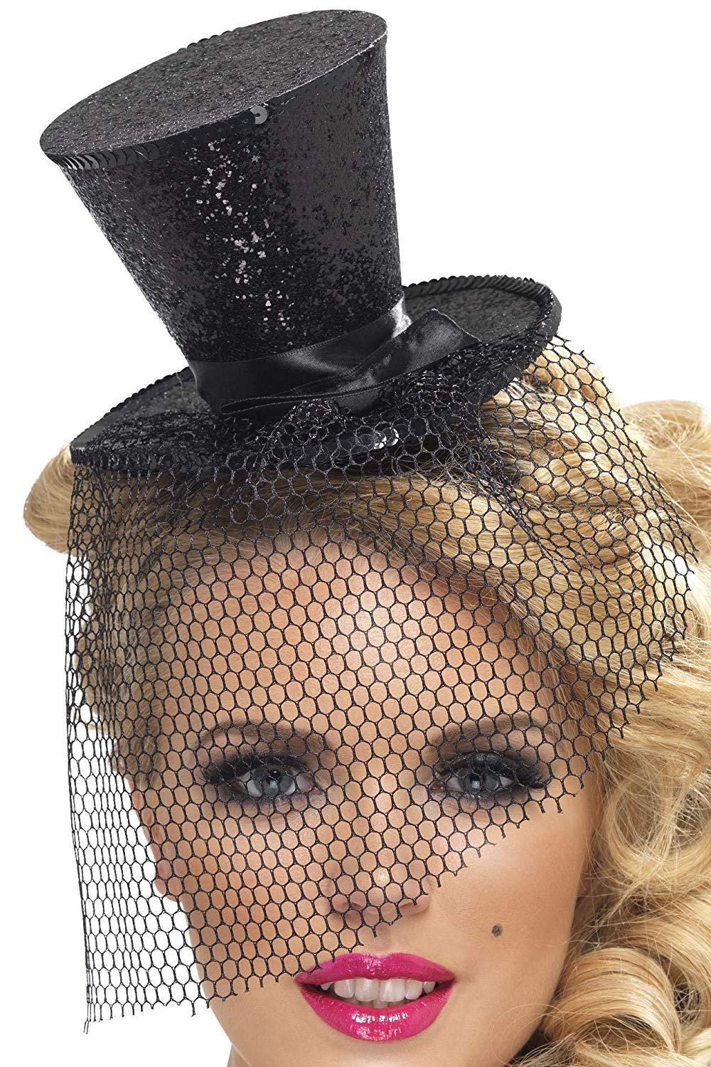 Smiffys Fever Mini Top Hat on Headband, Black with Detachable Netting, Fever Accessories Fancy Dress