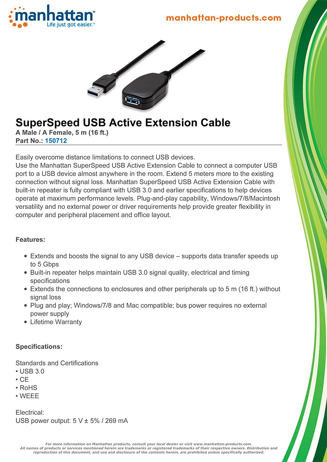 Manhattan USB-A to USB-A Extension Cable, 5m, Male to Female, Active, 5 Gbps (USB 3.2 Gen1 aka USB 3.0) - Image 2