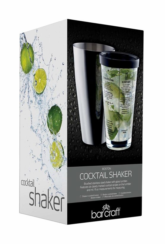 BarCraft Boston Cocktail Shaker Set with Printed Recipes in Gift Box, Stainless Steel / Glass, 400ml - Image 2