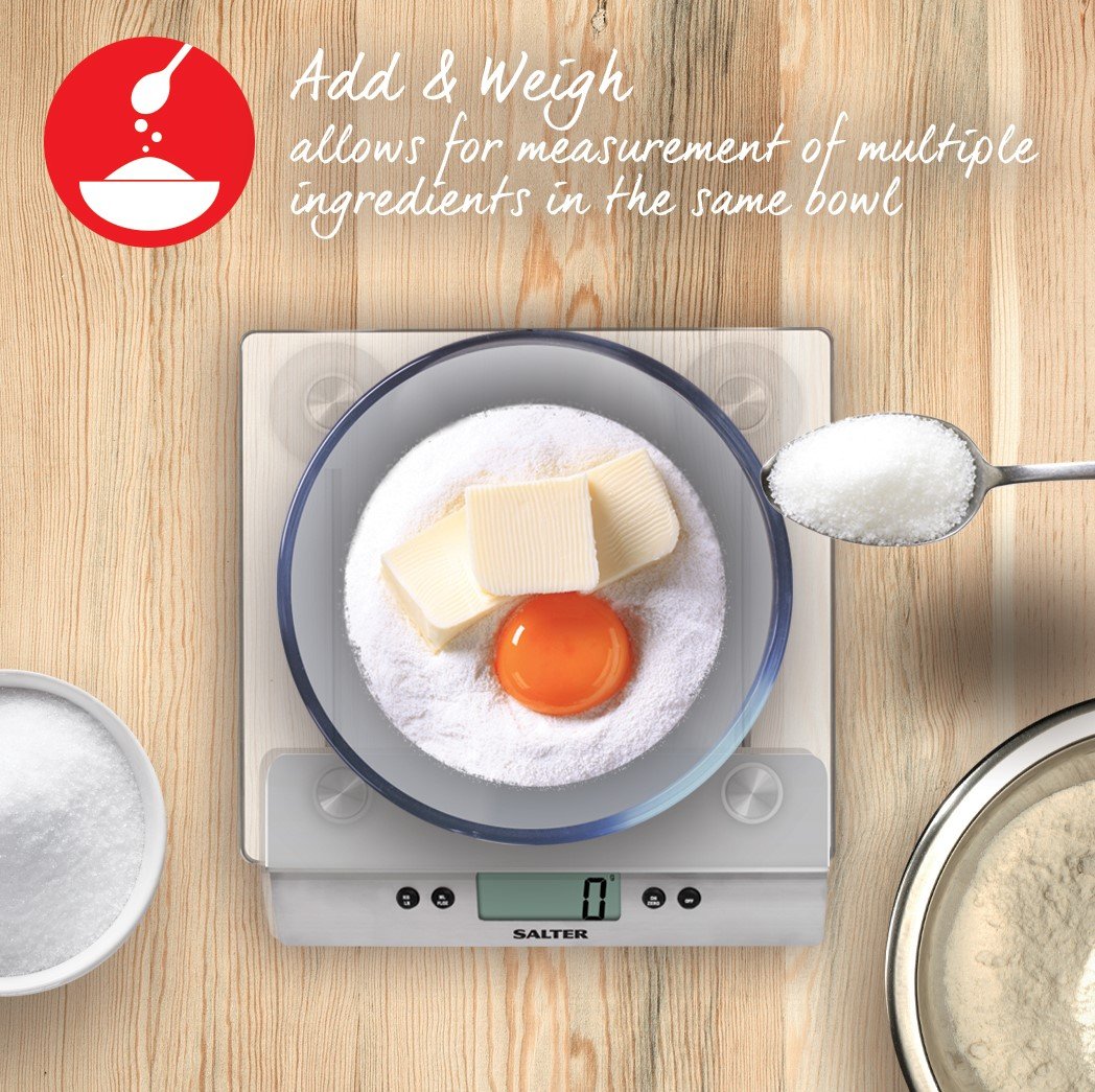 Salter 3003 SSSVDR08EU16 Kitchen Weighing Scale, Digital Glass Food Scales, Weighs Liquids/Fluids, Easy Read LCD Display - Image 3
